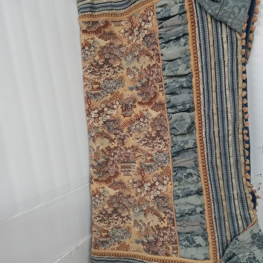 Vintage Pictorial Tapestry Covering, Pleats, Tassels, Boating, Temple  38